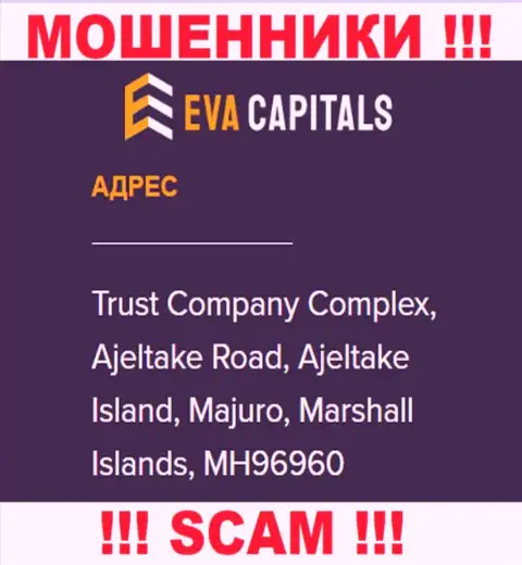 На сайте EvaCapitals Com размещен оффшорный юридический адрес организации - Trust Company Complex, Ajeltake Road, Ajeltake Island, Majuro, Marshall Islands, MH96960, будьте осторожны - это кидалы