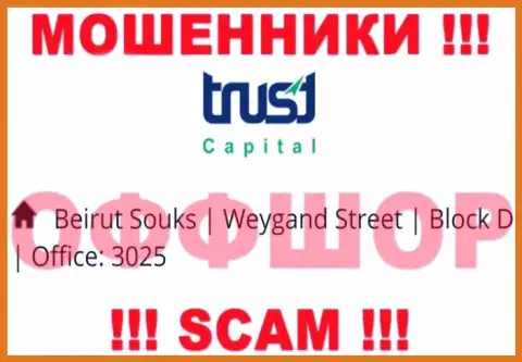 Адрес жуликов Trust Capital S.A.L. в офшорной зоне - Beirut Souks, Weygand Street, Block D, Office: 3025, данная инфа расположена на их официальном интернет-ресурсе