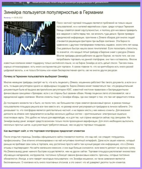 Обзорная статья об условиях торговли биржевой организации Zineera на сайте Kuban Info