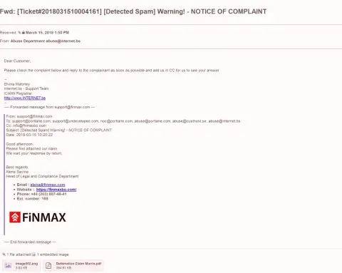 Подобная жалоба на официальный интернет-портал FiNMAX пришла и доменному регистратору